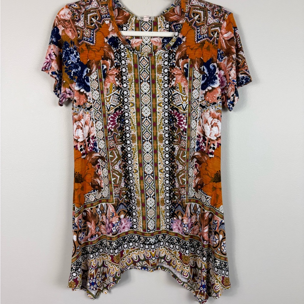 One World Top Women Small Asymmetric Aztec Western Short Sleeve Flowy Tunic Boho